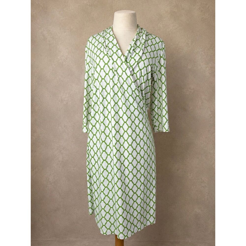 J. McLaughlin Sz L Faux Wrap Green and White Dress